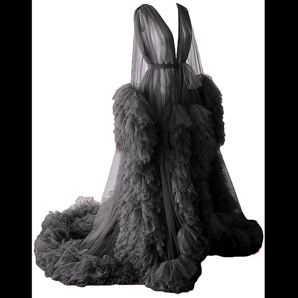 Sexy sheer tulle, v neck, bow sash dressing gown,tie closure lingerie robe